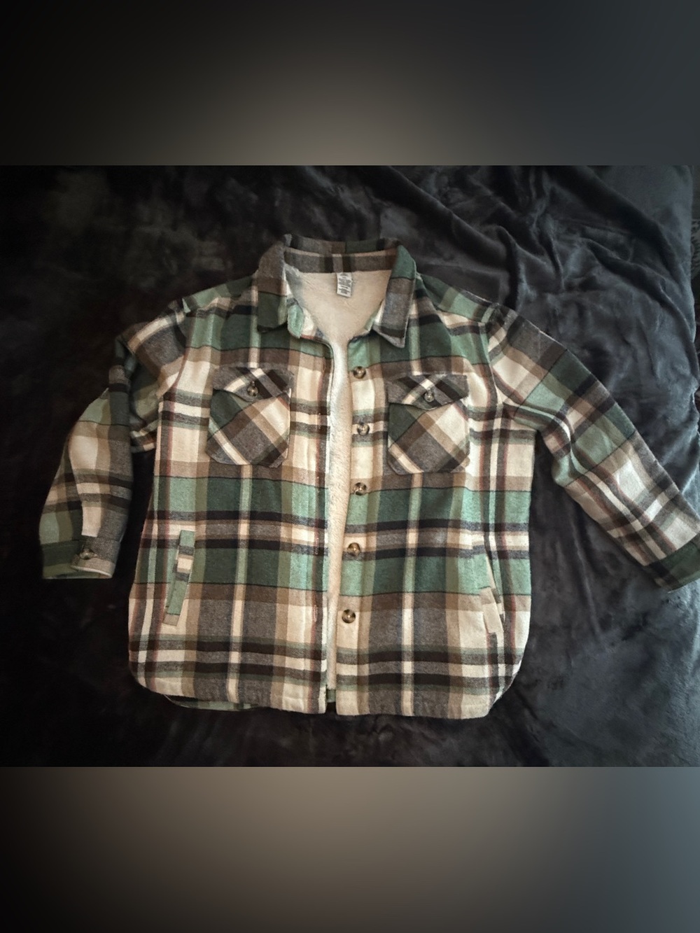 Plaid Sherpa-Lined Button-Up Shirt Jacket - Green & Brown